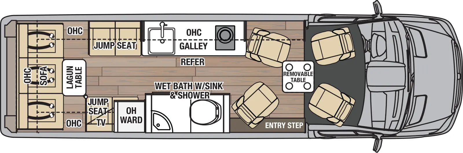 The Galleria 24Q has 0 slideouts and 1 entry door and rear doors. Interior layout from front to back; removable table; off door Galley kitchen with LP cooktop and single sink with overhead cabinets and refrigerator; off-door near entry step side wet bath with toilet, sink and shower; off door jump seat with overhead cabinets; door side wardrobe next to jump seat, TV and overhead cabinets; rear lagun table with rear sofa and overhead cabinets.